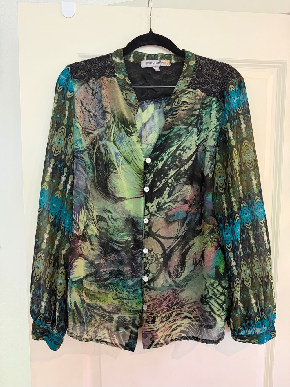 Figleaves Green & Teal Sheer Button-Front Women's Blouse